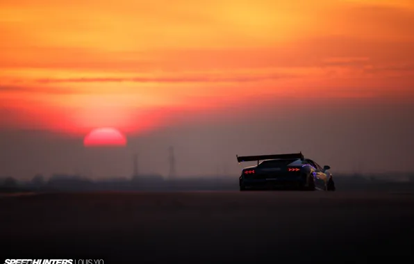 The sun, lights, Lamborghini, morning, Gallardo, track, rear view, Super Trophy
