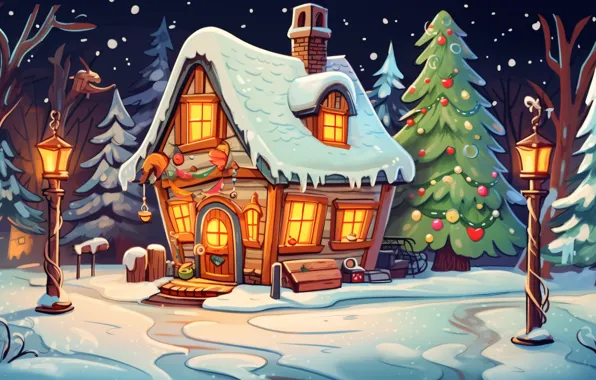 Winter, snow, house, holiday, graphics, Christmas, New year, house