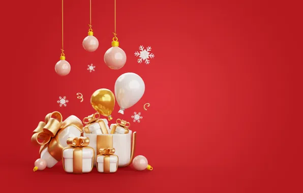 Balls, snowflakes, rendering, Christmas, gifts, New year, white, bows