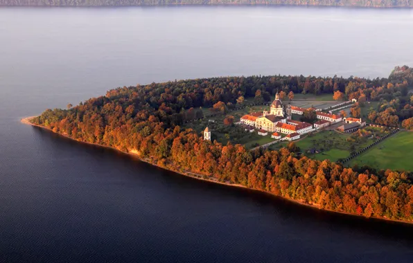 Sea, autumn, trees, shore, panorama, the monastery, Lithuania, the Peninsula