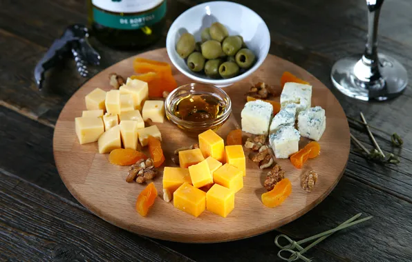 Cheese, honey, nuts, olives, appetizer, cuts, dried apricots