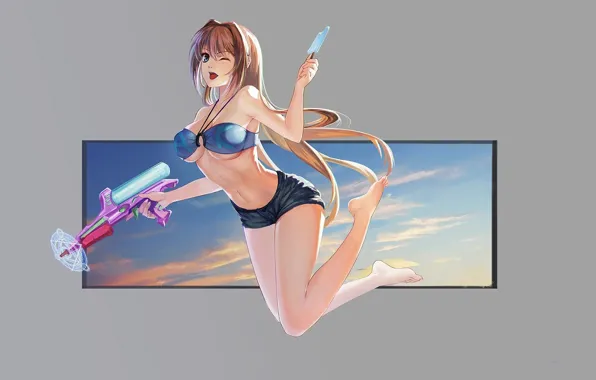 Girl, happy, bra, shorts, weapon, boobs, anime, tits