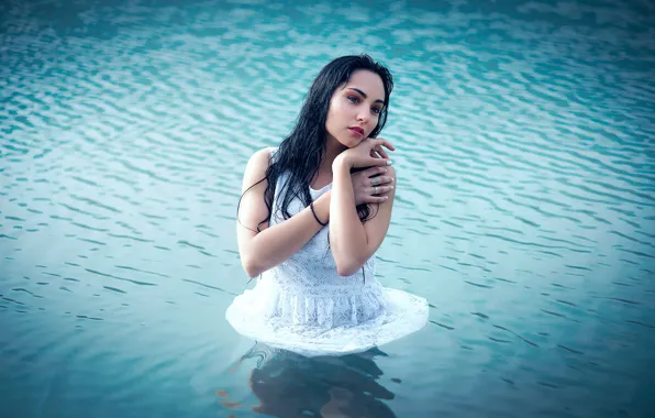 Girl, makeup, dress, in the water