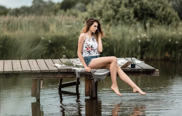 Picture summer, water, girl, nature, pose, river, shorts, legs