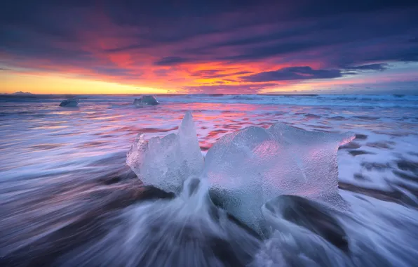 Winter, sea, wave, clouds, sunset, clouds, shore, ice