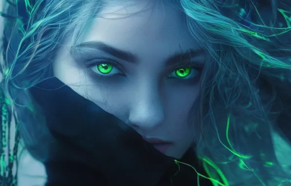 Lips, blue background, green eyes