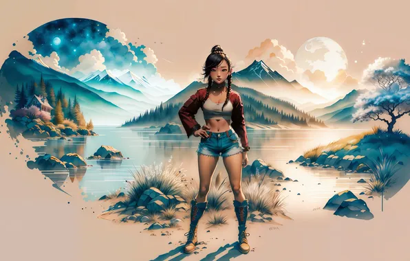 Picture girl, art, mountains, asian