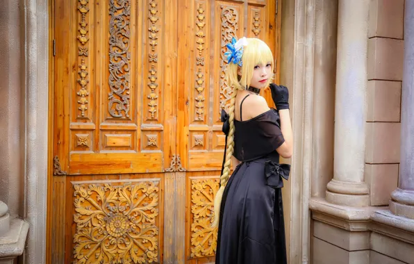 Pose, door, Asian, black dress, cosplay, cute girl