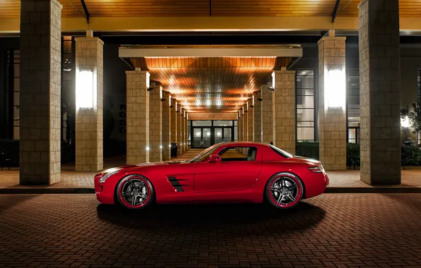 Picture the building, Mercedes-Benz, Mercedes, AMG, SLS, SLS.red, supercar.side view, columns.hole