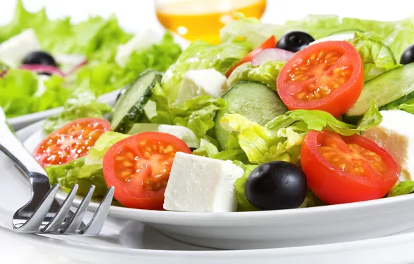 Cheese, bow, plate, plug, tomatoes, cucumbers, salad, olives