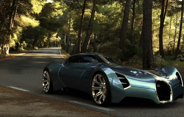 Picture road, forest, Bugatti, Aerolithe, Concept 2025