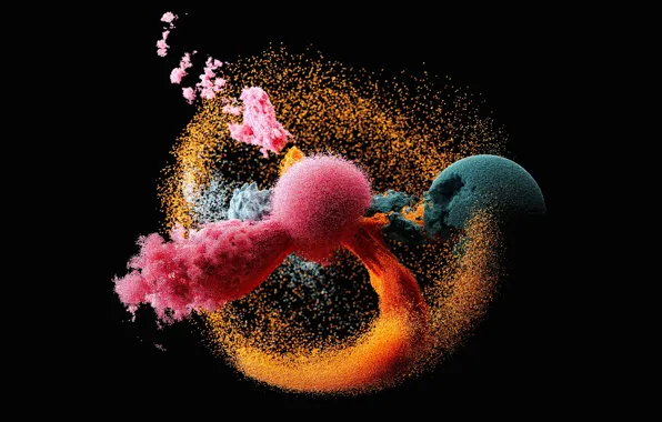 Picture the explosion, rotation, black background, digital art, asbraction