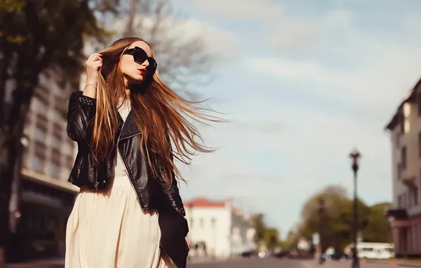 Girl, the city, pose, the wind, street, model, spring, glasses