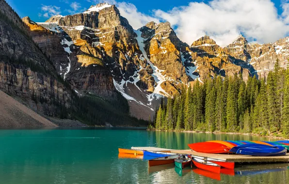 Forest, mountains, lake, boats, pier, Canada, Banff