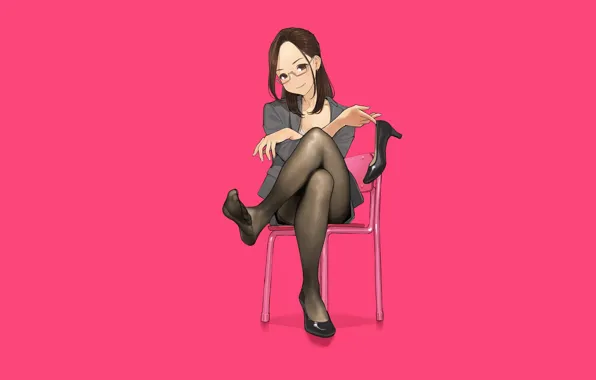 Picture long hair, minimalism, stockings, chair, glasses, smiling, office, sitting