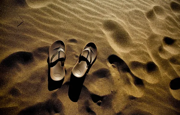 Sand, beach, summer, traces, lighting, Slippers, flip flops