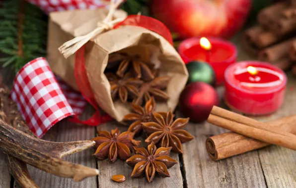 Balls, sticks, candles, cinnamon, holidays, spices, Christmas, pouch