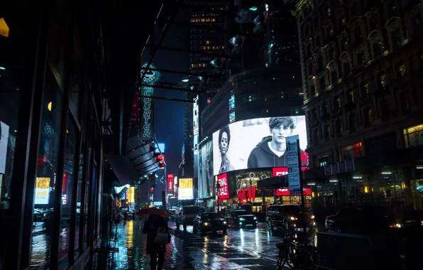 Machine, night, the city, people, rain, Windows, door, signs