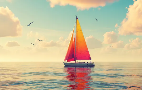 The sky, water, clouds, Wallpaper, sailboat, yacht, art, sails