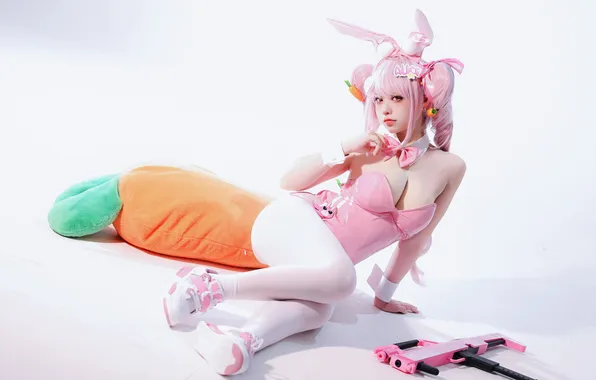 Picture pink hair, cosplay, white stockings, anime girls, bunny ears, looking at viewer, bunny suit