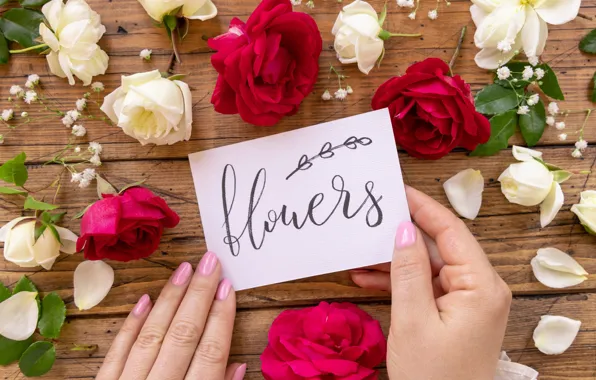 Love, flowers, holiday, the inscription, Board, roses, hands, petals