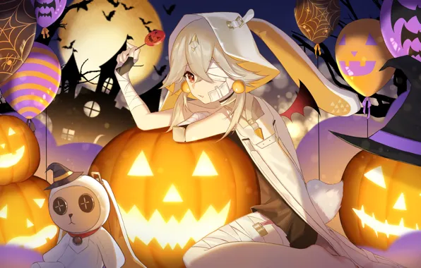Girl, night, toy, sweets, Halloween, bats, Ruby, Tower of Fantasy