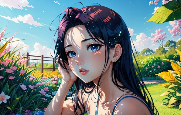 Picture flowers, portrait, positive, anime, space, beautiful girl, digital art, digital art