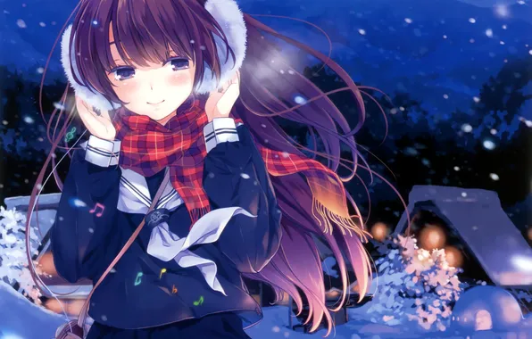 Winter, girl, snow, trees, mountains, night, home, anime