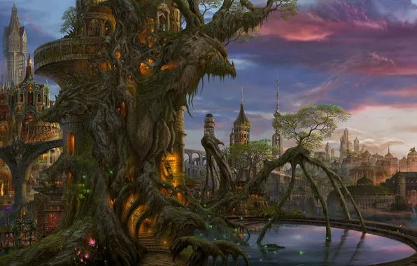 Clouds, the city, tree, dragons, lights, art, pond, ucchiey