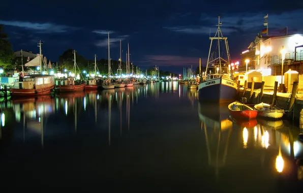 The sky, clouds, night, lights, boat, ship, yacht, Bay