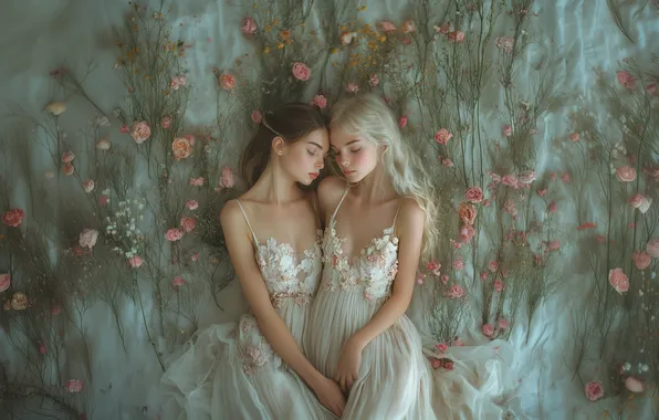Flowers, women, brunette, blonde, two women, grabbing, nervous, AI art