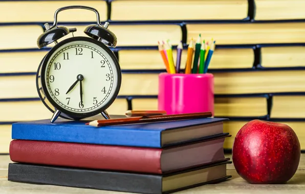 Watch, books, Apple, pencils, alarm clock