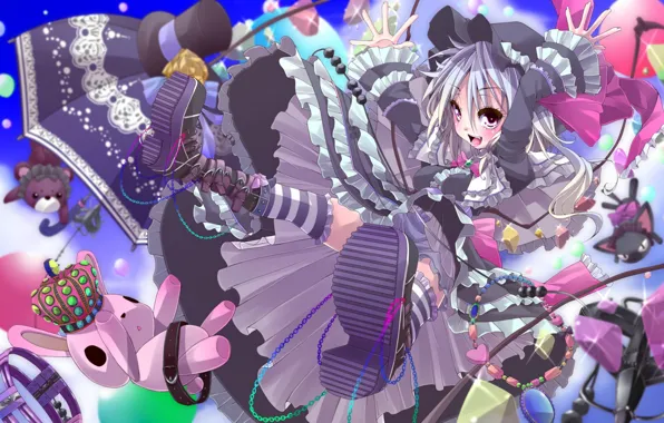 Flight, balloons, umbrella, crown, shoes, dress, bracelets, touhou