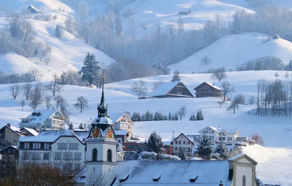 Picture winter, snow, mountains, home, town, Alps, town hall