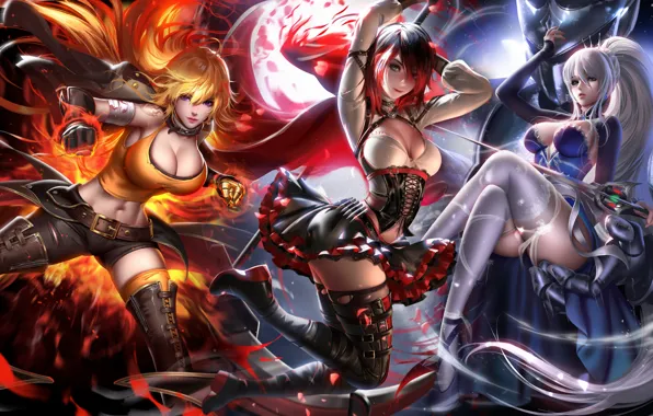 Girls, ruby rose, yang xiao long, white snow, by liang xing, rooster teeth, red white …