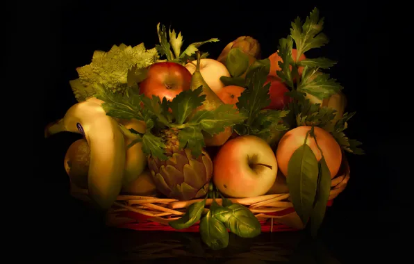 Picture leaves, Apple, orange, still life, banana, citrus, pear