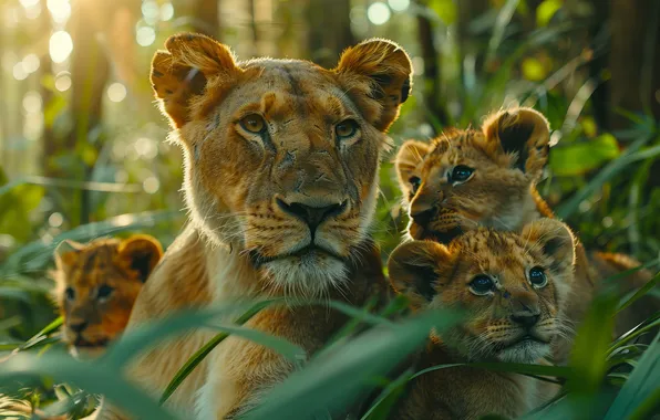Look, Lioness, Kittens, Face, Digital art, Big cat, Cubs, Predator