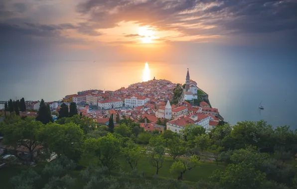 Picture sea, trees, sunset, the city, building, home, Piran, Slovenia
