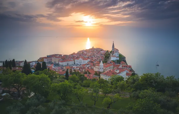 Sea, trees, sunset, the city, building, home, Piran, Slovenia