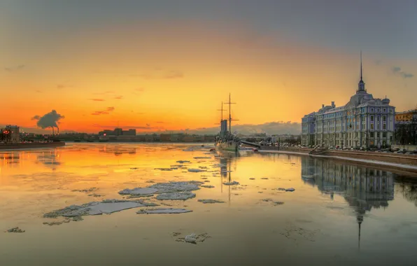 Picture water, shore, ship, building, Aurora, promenade, Neva, St. Petersburg
