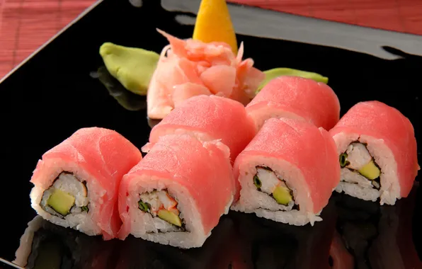 Plate, black, figure, cabbage, sushi, rolls, wasabi