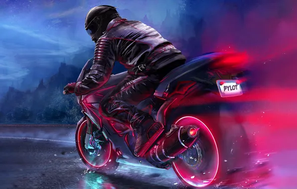 Picture Road, Neon, Motorcycle, Moto, Art, Electronic, Biker, Synthpop