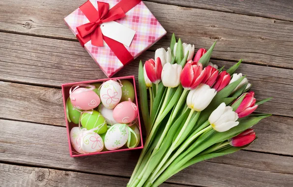 Flowers, eggs, spring, colorful, Easter, tulips, red, happy