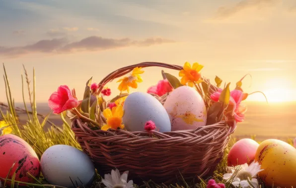 Flowers, holiday, eggs, spring, Easter, painted, Easter, eggs