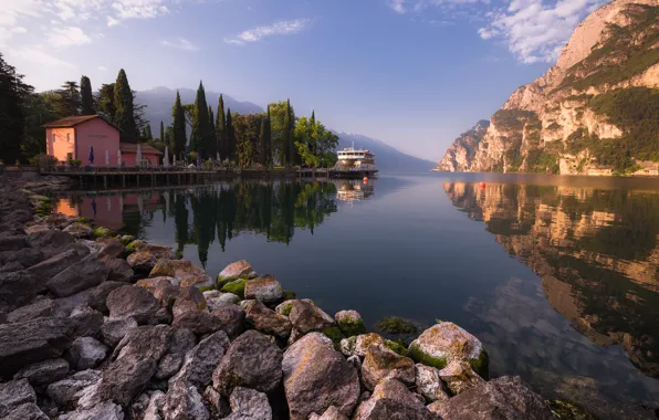 Trees, mountains, lake, reflection, stones, shore, ship, Marina