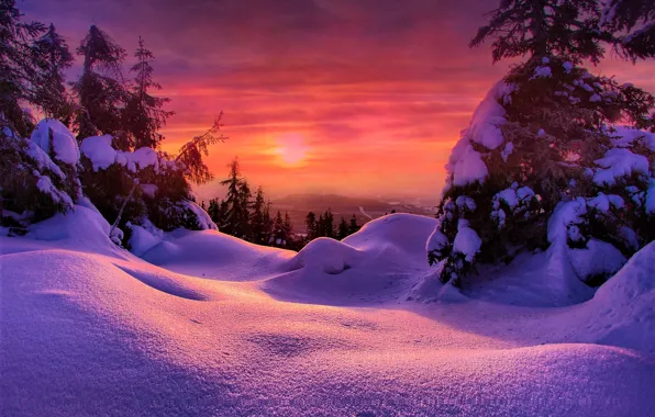 Winter, snow, sunset, hills