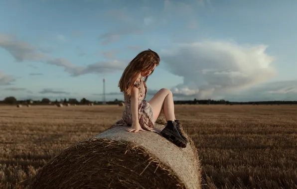 Field, girl, hay, legs, in the manger, Aleks Five