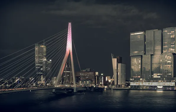 Picture river, bridge, night, Netherlands, architecture, building, cityscape, rotterdam
