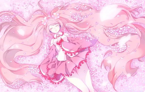 Girl, flowers, cherry, anime, petals, Hatsune Miku, pink background, Vocaloid
