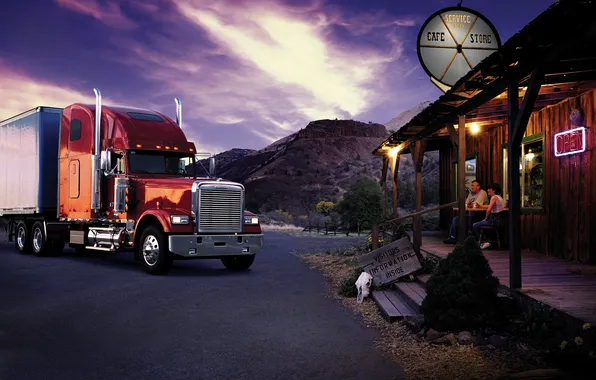 The evening, truck, the trailer, freightliner